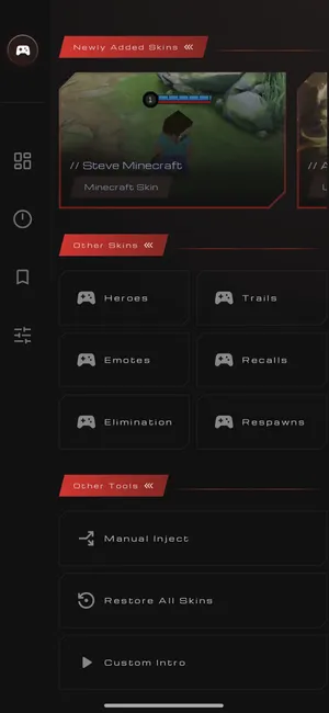 Ryumoto VX MLBB injector dashboard with available skins
